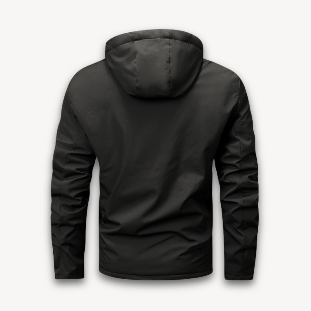 "Men's green waterproof hooded jacket for stylish and durable outerwear. Features sleek design and multi-pocket functionality