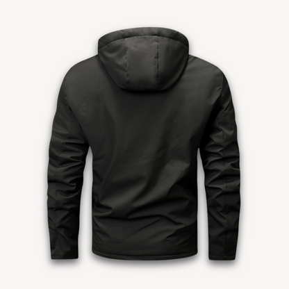 "Men's green waterproof hooded jacket for stylish and durable outerwear. Features sleek design and multi-pocket functionality