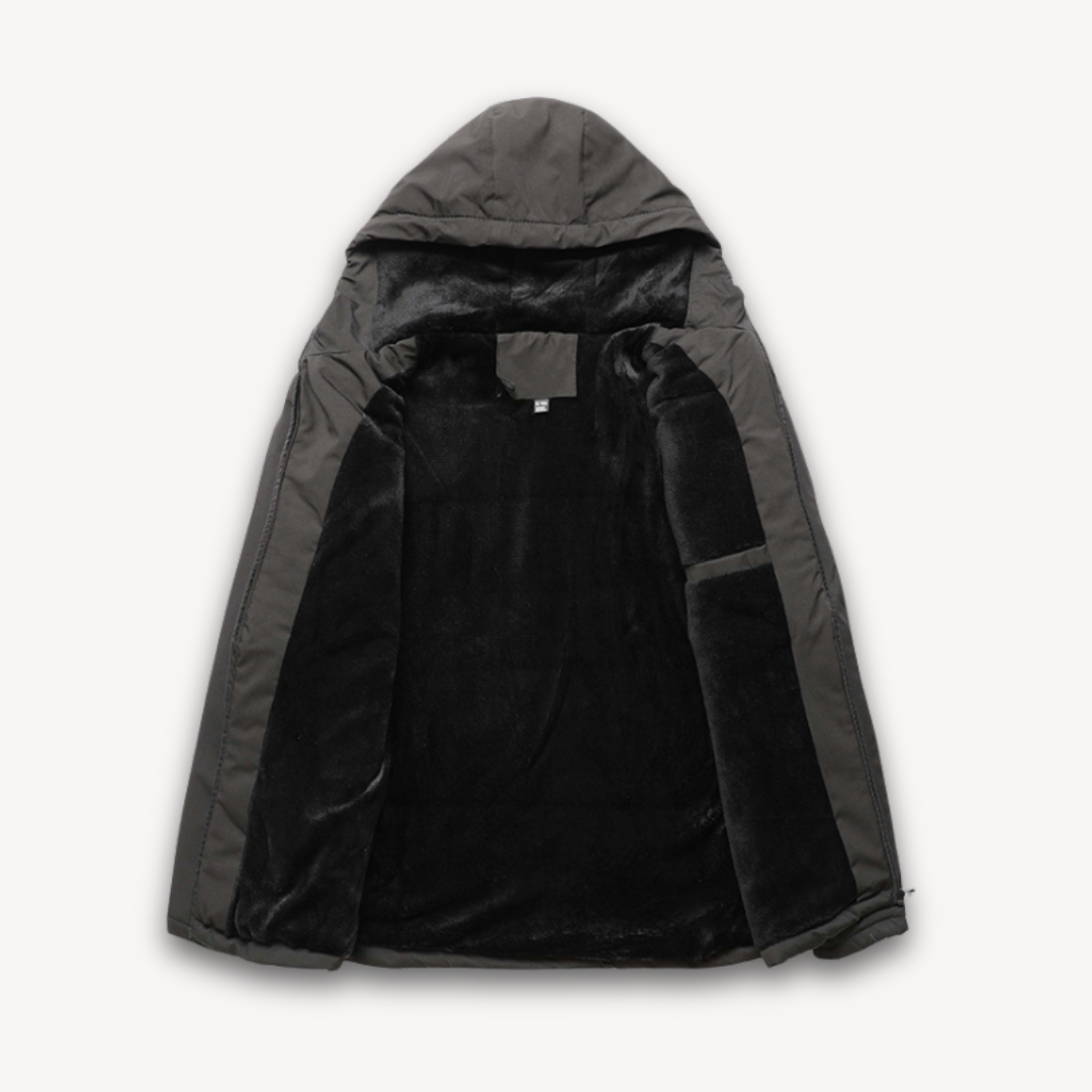 "Men's green waterproof hooded jacket for stylish and durable outerwear. Features sleek design and multi-pocket functionality