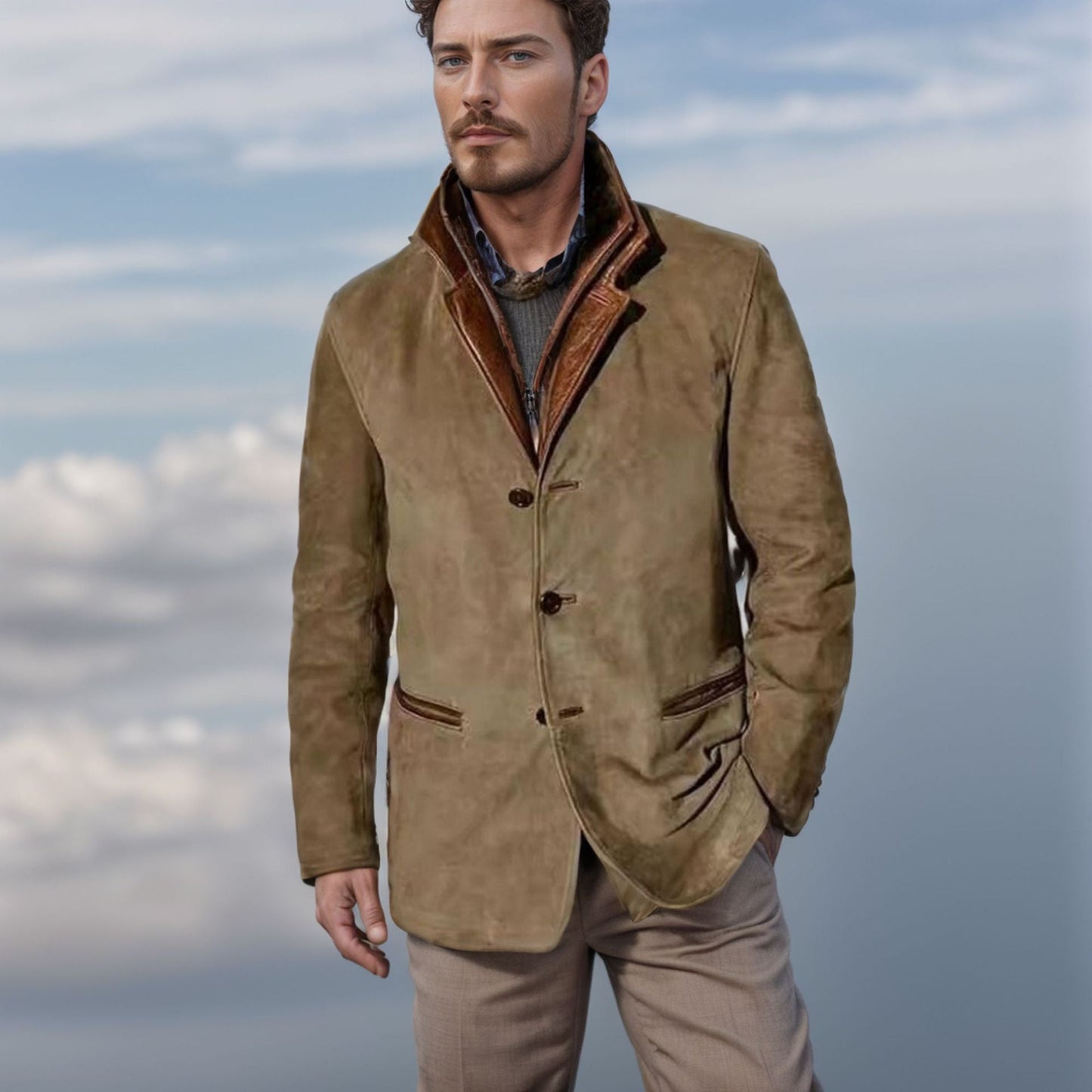 Men's Luxury Suede Leather Jacket with Classic Lapel - Luxivelle