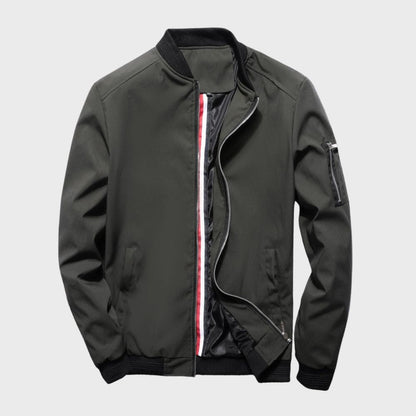 Men's lightweight all-season bomber jacket, regular fit, ribbed cuffs, front view, gray color, versatile outerwear.