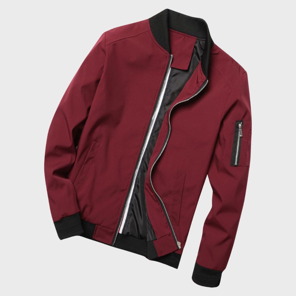"Men's lightweight all-season bomber jacket with sleek design, zip closure, and multiple color options for versatile wear."