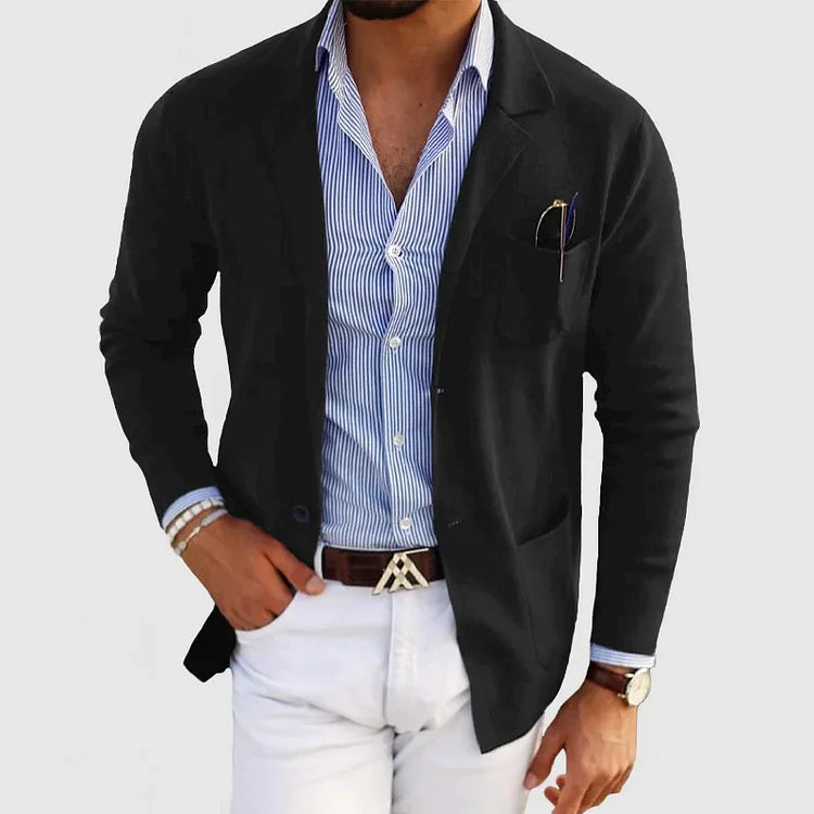 "Men's lightweight casual knit blazer, tailored fit, in beige color, showcasing sleek design and versatile styling options."