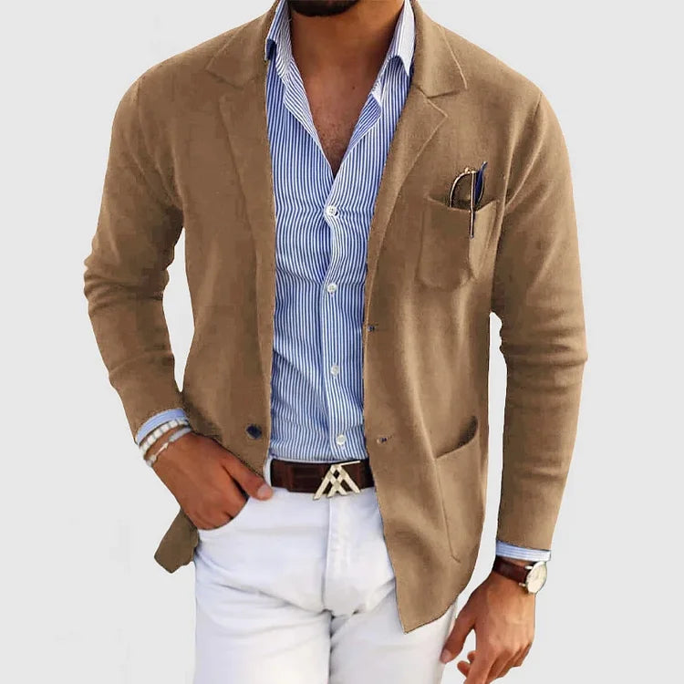 "Men's lightweight casual knit blazer, tailored fit, in beige color, showcasing sleek design and versatile styling options."