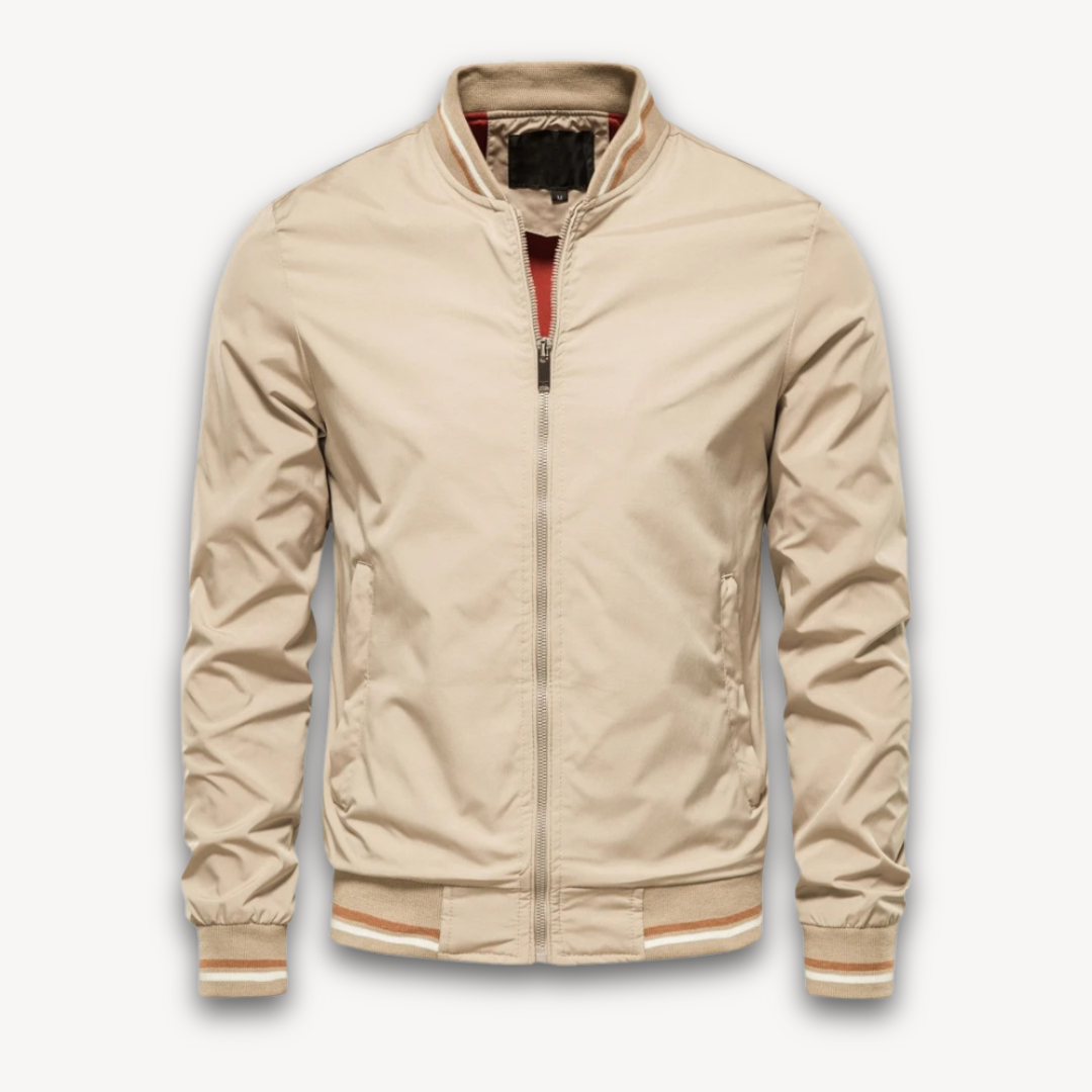 "Men's lightweight polyester bomber jacket, stylish windbreaker with zip front and ribbed cuffs, ideal for casual outings."