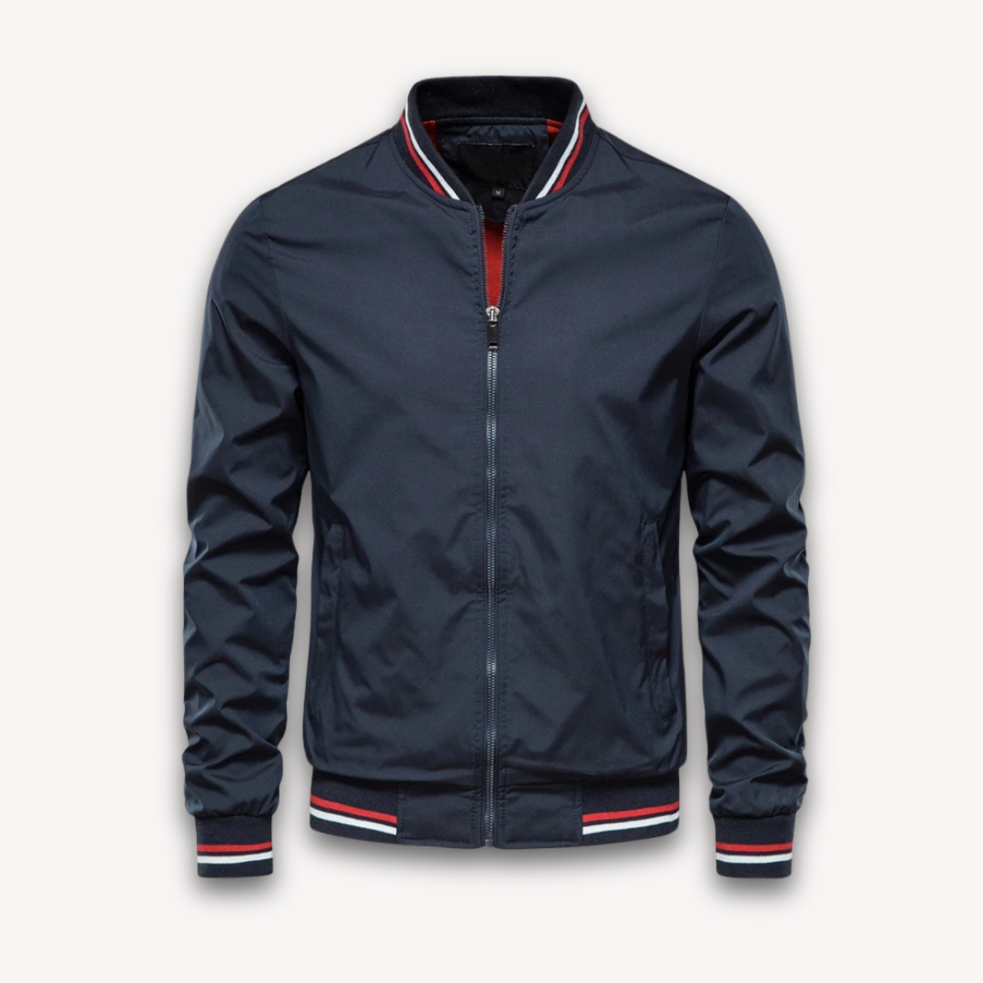 "Men's lightweight polyester bomber jacket, stylish windbreaker with zip front and ribbed cuffs, ideal for casual outings."