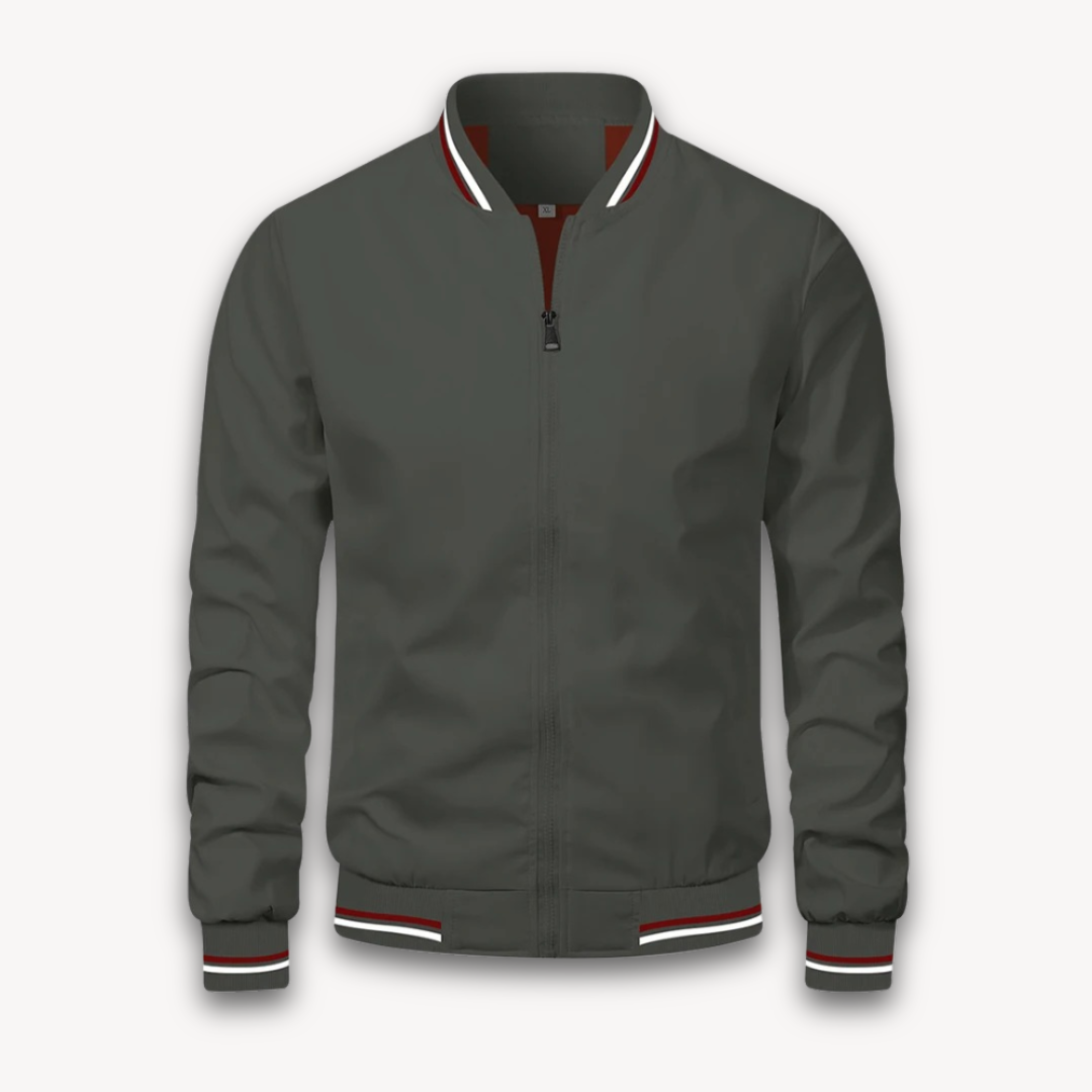 "Men's lightweight polyester bomber jacket, stylish windbreaker with zip front and ribbed cuffs, ideal for casual outings."
