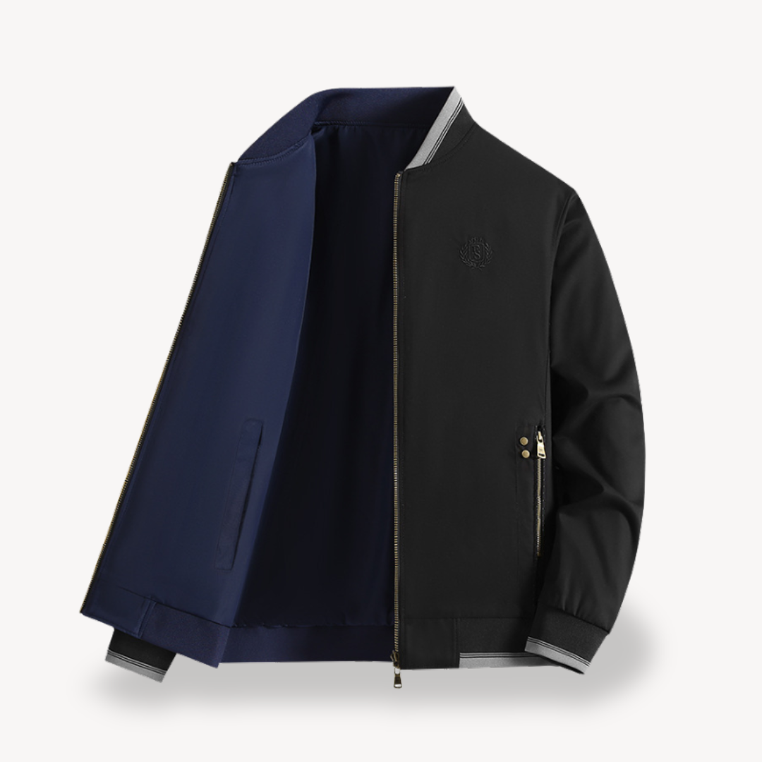 "Men's lightweight reversible bomber jacket, slim fit, available in multiple colors, showcasing ribbed cuffs and zip closure.