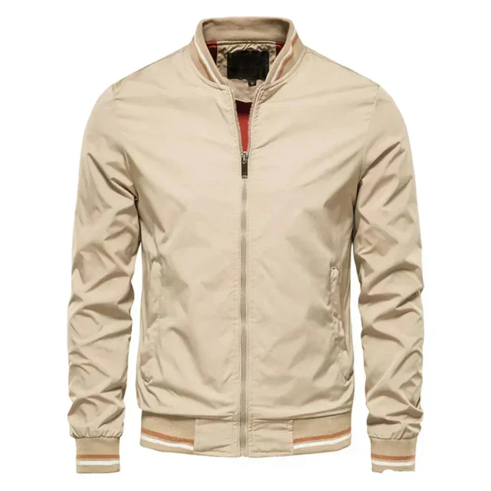 Men's lightweight summer bomber jacket with contrasting stripes, zipper closure, ideal for casual and evening wear.