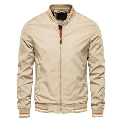 "Men's lightweight summer bomber jacket with ribbed cuffs, zip closure, sleek design in green, ideal for casual or evening we
