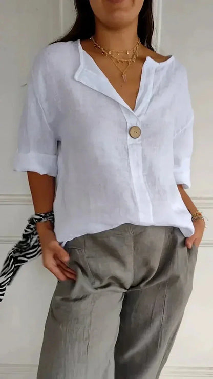 Men's linen casual blouse with button detail, featuring soft fabric, elegant V-neck, perfect for stylish, comfortable wear.