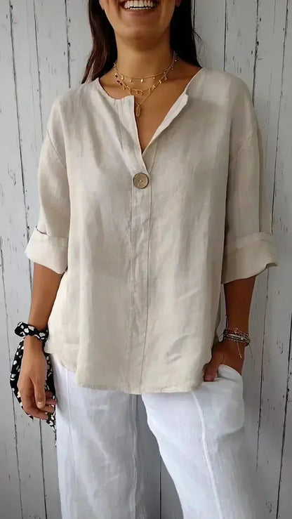 Men's linen casual blouse with button detail, featuring soft fabric, elegant V-neck, perfect for stylish, comfortable wear.