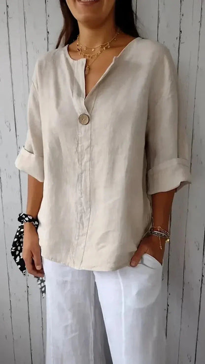 Men's linen casual blouse with button detail, featuring soft fabric, elegant V-neck, perfect for stylish, comfortable wear.