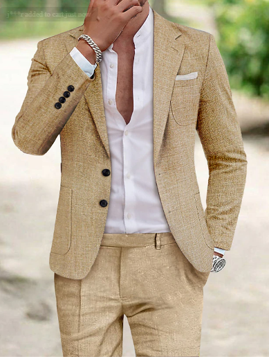 Men's linen suit, tailored fit, notch lapel, breathable fabric; perfect for warm weather elegance and sophisticated style.