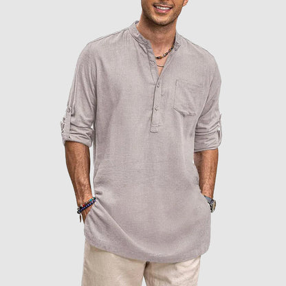 "Men's long sleeve Henley shirt with roll-up sleeves, chest pocket, and classic neckline, front view."