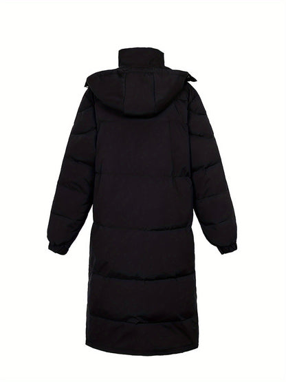 "Men's long winter jacket, padded, loose fit, zip design, solid color, full coverage, winter outerwear, high-quality fabric"