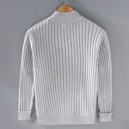 Men's modern zip-up cardigan, sleek design, versatile neutral colors, ideal for casual or office wear with comfortable fit.