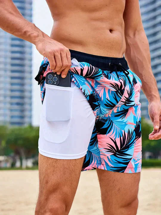 "Men's quick-dry swim shorts with inner compression, bold tropical print, two-tone detail, drawstring waist for secure fit."