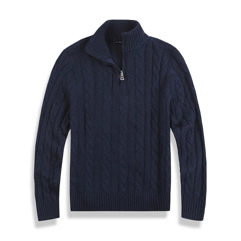 "Men's regular fit cable knit half zip sweater in cotton blend with ribbed trim, ideal for layering in fall and winter fashio