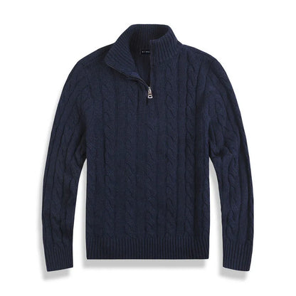 "Men's regular fit cable knit half zip sweater in cotton blend with ribbed trim, ideal for layering in fall and winter fashio
