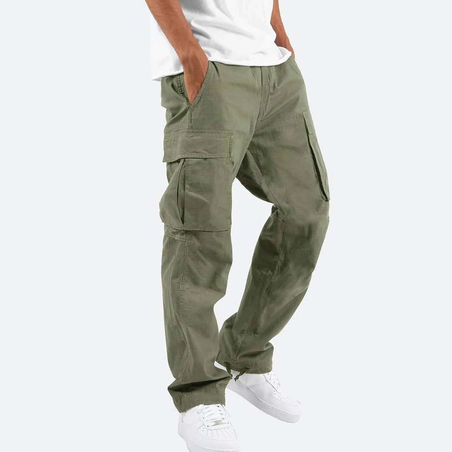 Men's relaxed fit cargo pants front view with roomy utility pockets and straight-leg design in classic black.