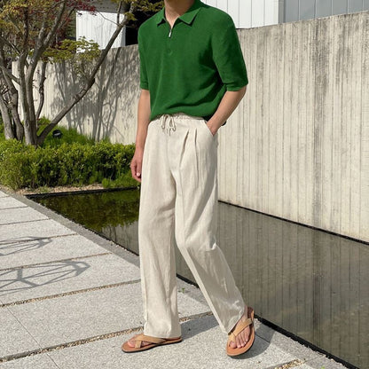 "Men's relaxed fit linen pants in beige, front view, lightweight fabric, perfect for casual and refined occasions."