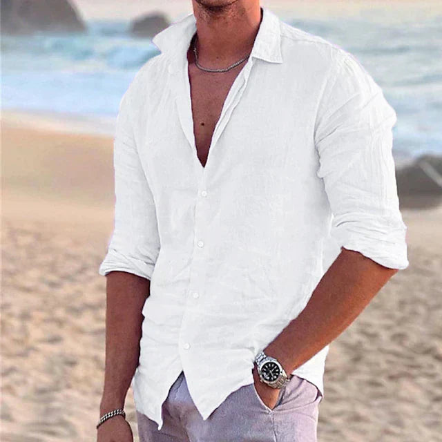 "Men's relaxed fit linen shirt, breathable and stylish, in blue, featuring lightweight, 100% linen fabric for versatile wear.