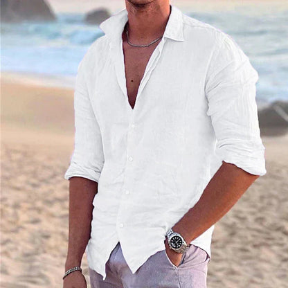 "Men's relaxed fit linen shirt, breathable and stylish, in blue, featuring lightweight, 100% linen fabric for versatile wear.