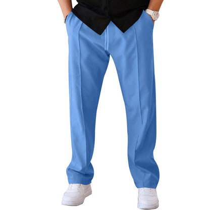 "Men's relaxed linen trousers, wide-leg, breathable, versatile colors like beige, black, blue; perfect comfort and style"