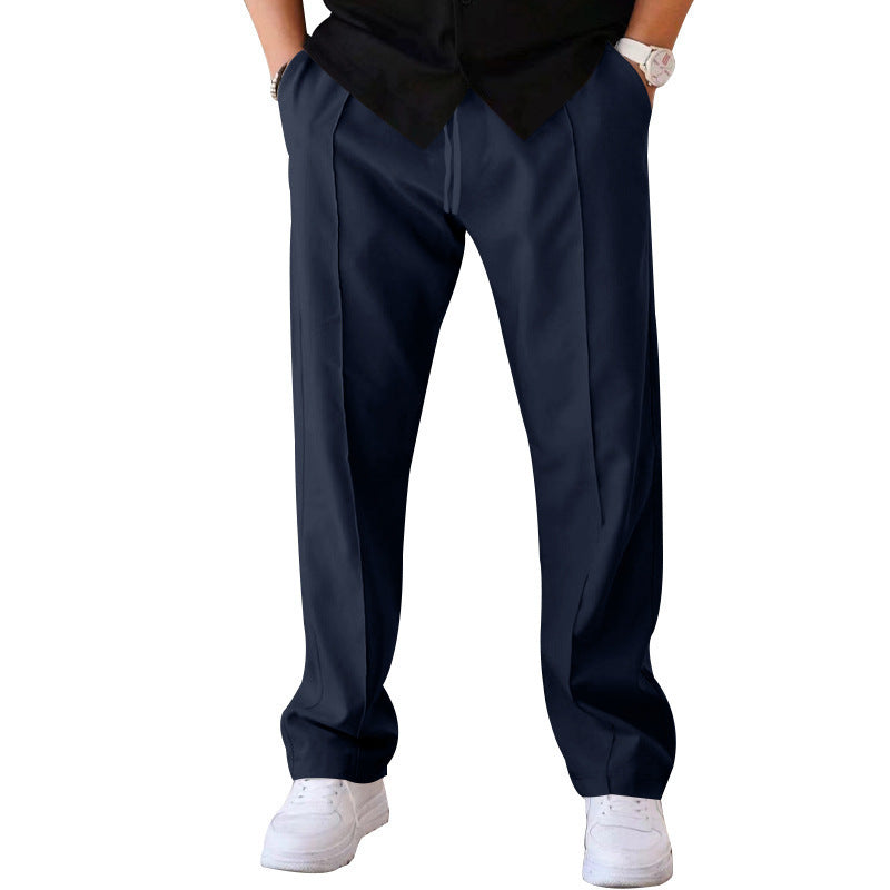 "Men's relaxed linen trousers, wide-leg, breathable, versatile colors like beige, black, blue; perfect comfort and style"