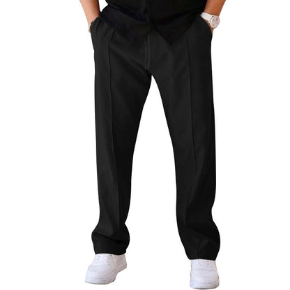 "Men's relaxed linen trousers, wide-leg, breathable, versatile colors like beige, black, blue; perfect comfort and style"