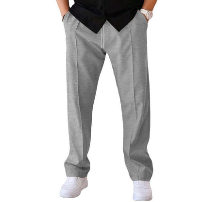 "Men's relaxed linen trousers, wide-leg, breathable, versatile colors like beige, black, blue; perfect comfort and style"