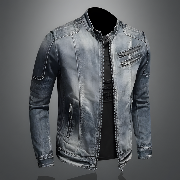 "Men's retro denim jacket with vintage wash, lightweight tailored fit, button-up front and functional pockets, classic style"