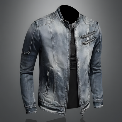 "Men's retro denim jacket with vintage wash, lightweight tailored fit, button-up front and functional pockets, classic style"