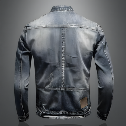 "Men's retro denim jacket with vintage wash, lightweight tailored fit, button-up front and functional pockets, classic style"
