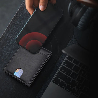 Men's RFID-Blocking Leather Wallet with AirTag holder, featuring premium leather, sleek design, card slots, and cash compartm