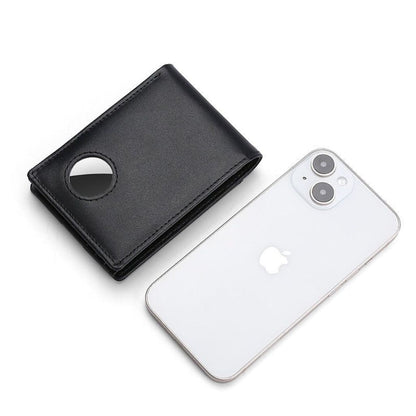 Men's RFID-Blocking Leather Wallet with AirTag holder, featuring premium leather, sleek design, card slots, and cash compartm