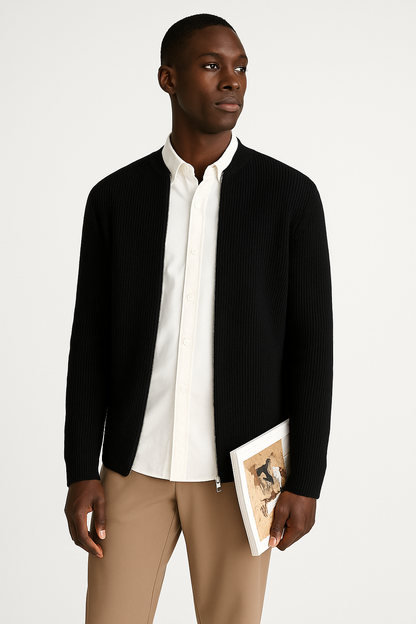 Men's ribbed knit cardigan with double zipper, relaxed fit, in beige. Ideal for casual or semi-formal occasions.
