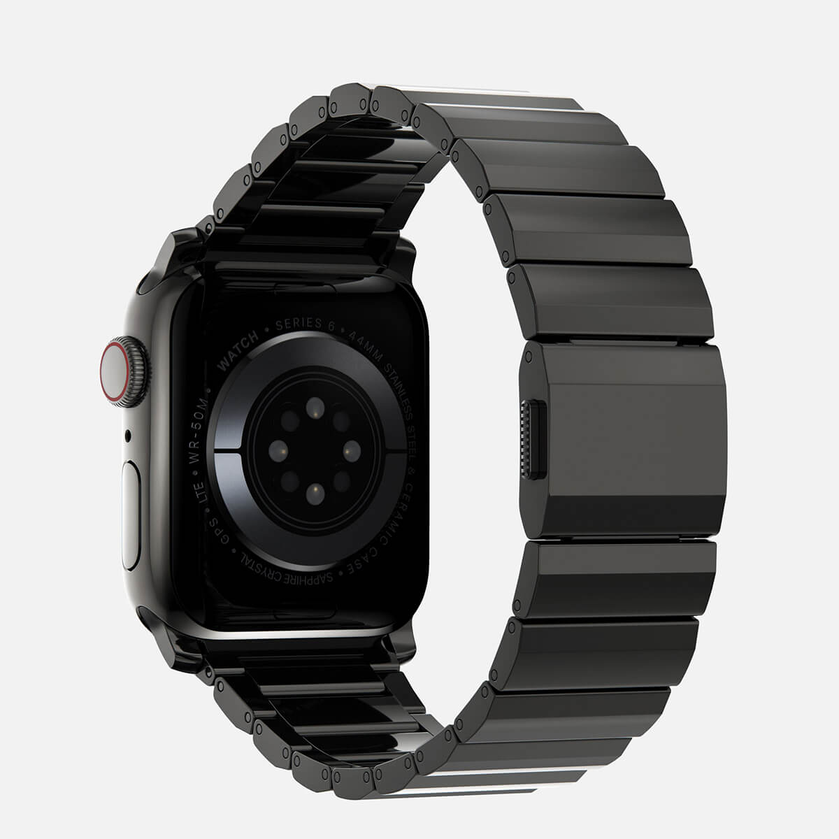 Men's sleek titanium watch band with shiny finish, magnetic clasp, durable and lightweight; perfect for daily or formal wear.