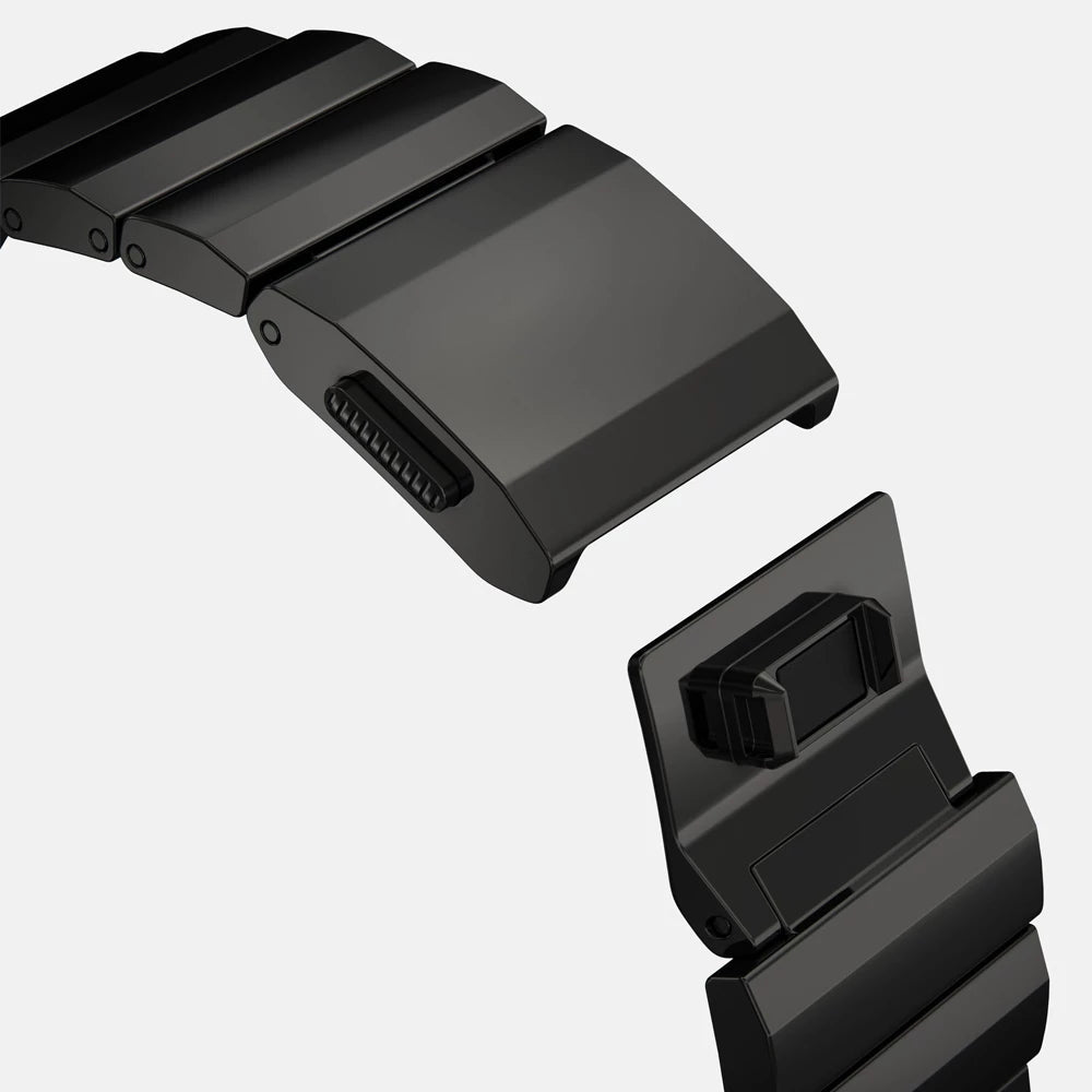 Men's sleek titanium watch band with shiny finish, magnetic clasp, durable and lightweight; perfect for daily or formal wear.