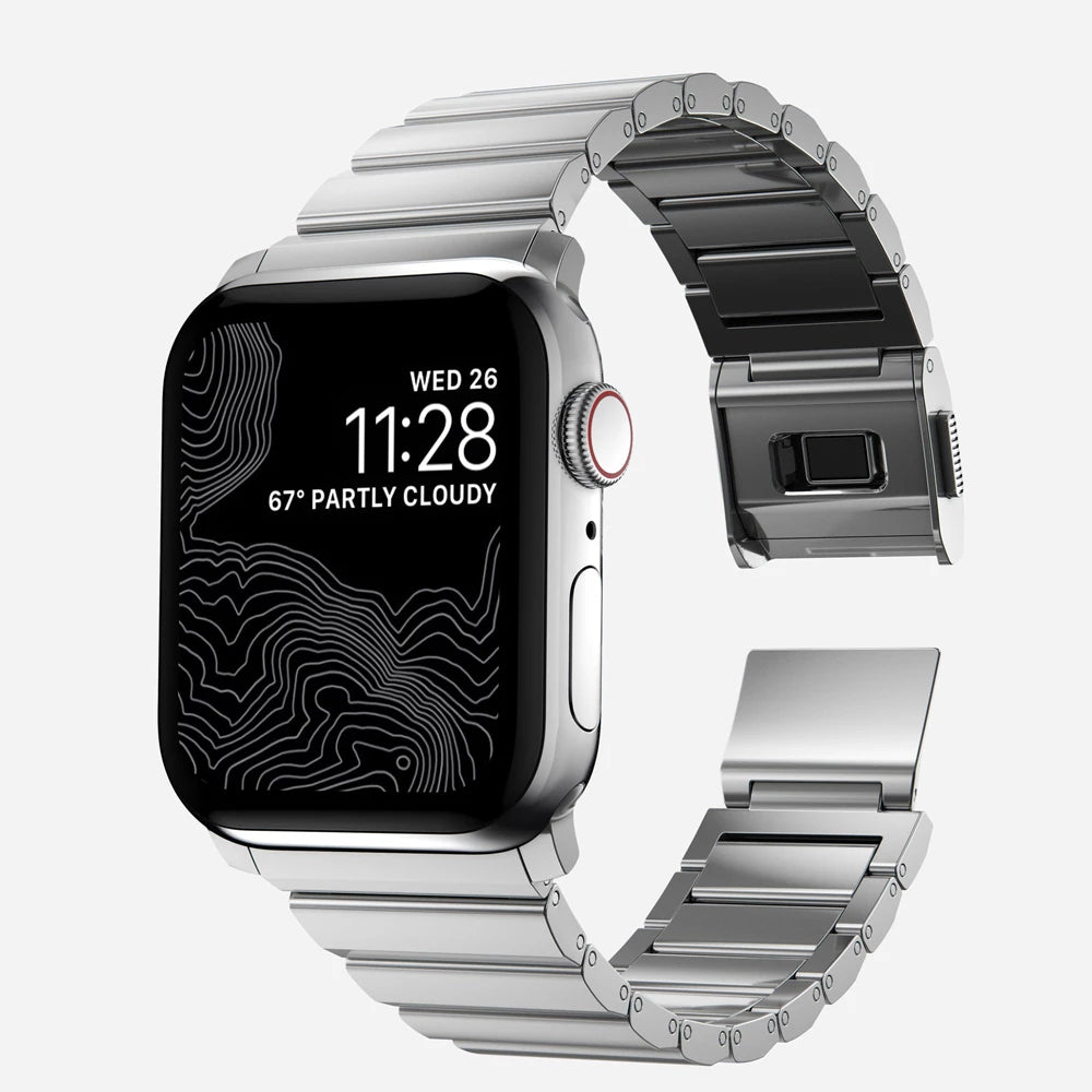 Men's sleek titanium watch band with shiny finish, magnetic clasp, durable and lightweight; perfect for daily or formal wear.