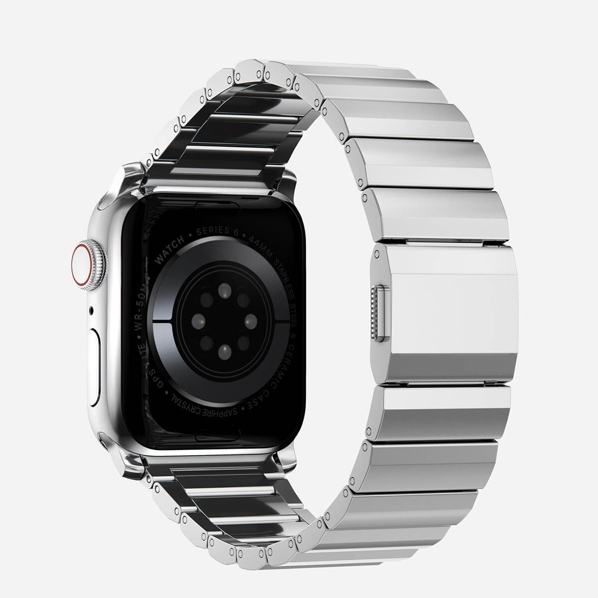 Men's sleek titanium watch band with shiny finish, magnetic clasp, durable and lightweight; perfect for daily or formal wear.