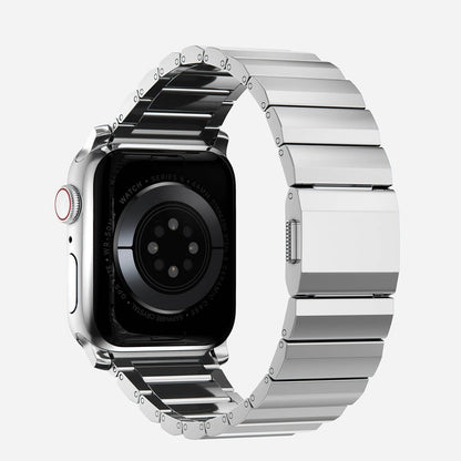 Men's sleek titanium watch band with shiny finish, magnetic clasp, durable and lightweight; perfect for daily or formal wear.