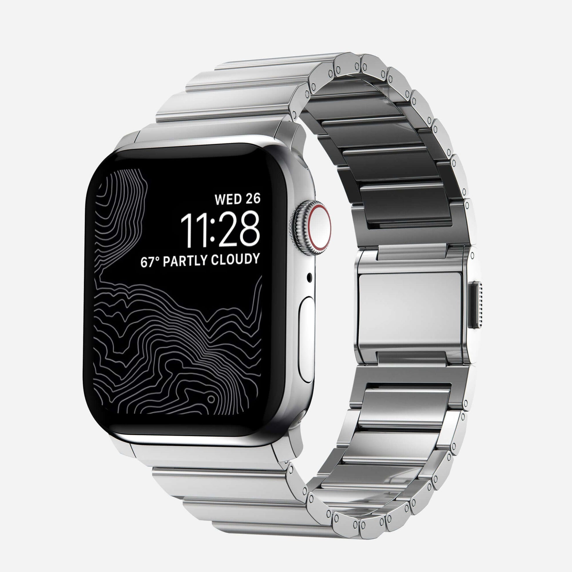 Men's sleek titanium watch band with shiny finish, magnetic clasp, durable and lightweight; perfect for daily or formal wear.