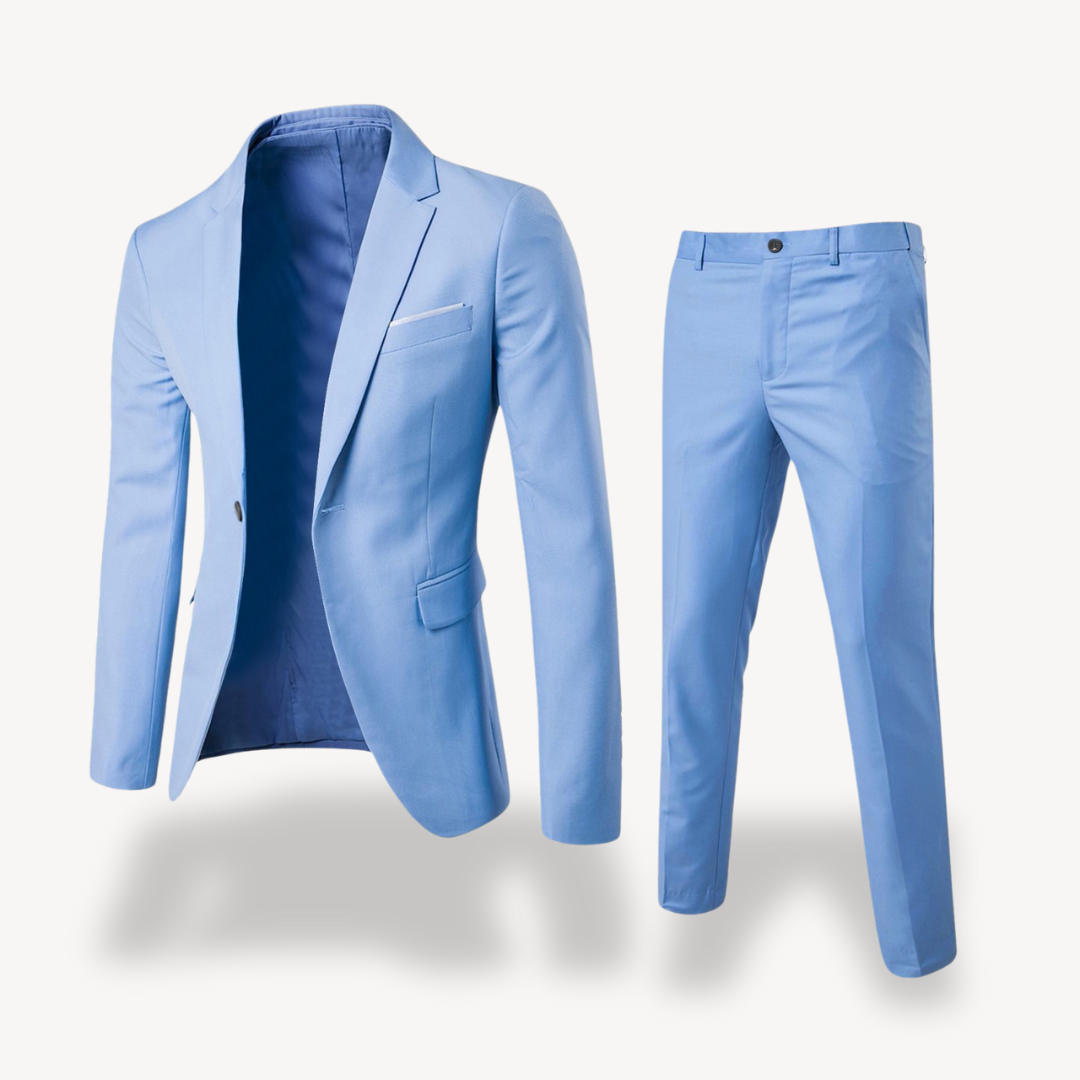 "Men's slim fit black two-piece suit, formal attire with jacket and trousers, sleek silhouette for weddings or meetings."