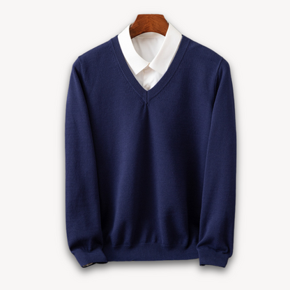 "Men's slim fit cashmere V-neck sweater in black, showcasing soft fabric and versatile design for casual or formal wear."