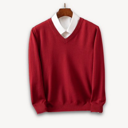 "Men's slim fit cashmere V-neck sweater in black, showcasing soft fabric and versatile design for casual or formal wear."