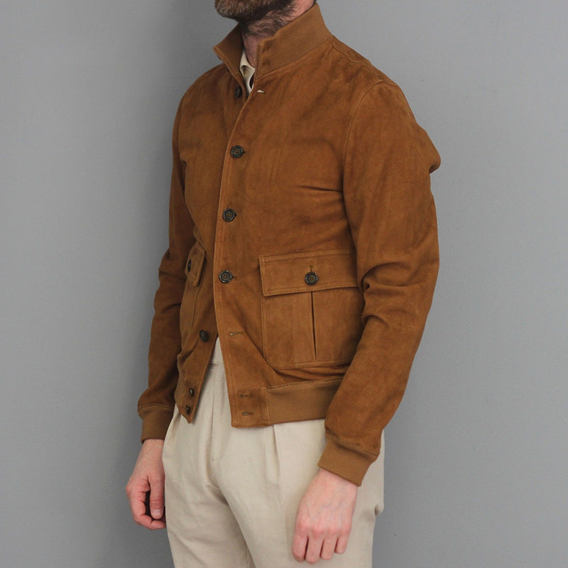 Men's Fitted Leather Jacket with Classic Collar - Luxivelle