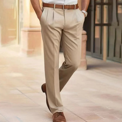 "Men's smart casual cotton trousers, relaxed fit with pockets, high-quality fabric, versatile style for any occasion."