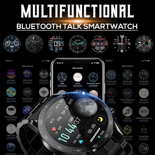 Men's smartwatch with sleek design, heart rate, and glucose monitoring features, ideal for fitness and style-conscious men.